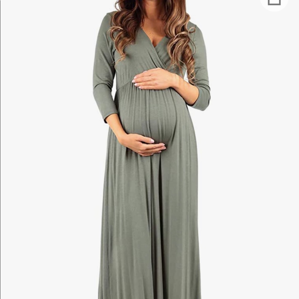 Mother Bee Maternity V-Neck 3/4 Sleeve Ruched Waist Dress